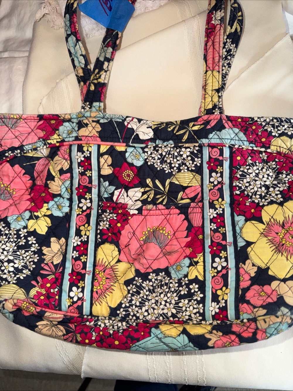 Vera Bradley Floral Quilted Tote in Black with Pink, Yellow & Aqua